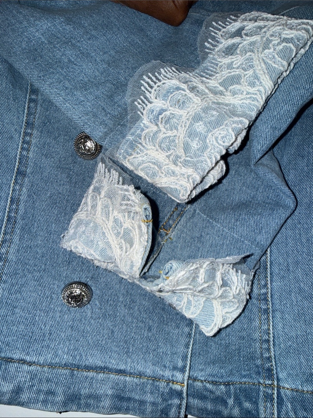 Boston Proper Light Blue Denim Double-Breasted Jean Jacket with Lace Cuffs - Picture 6 of 13